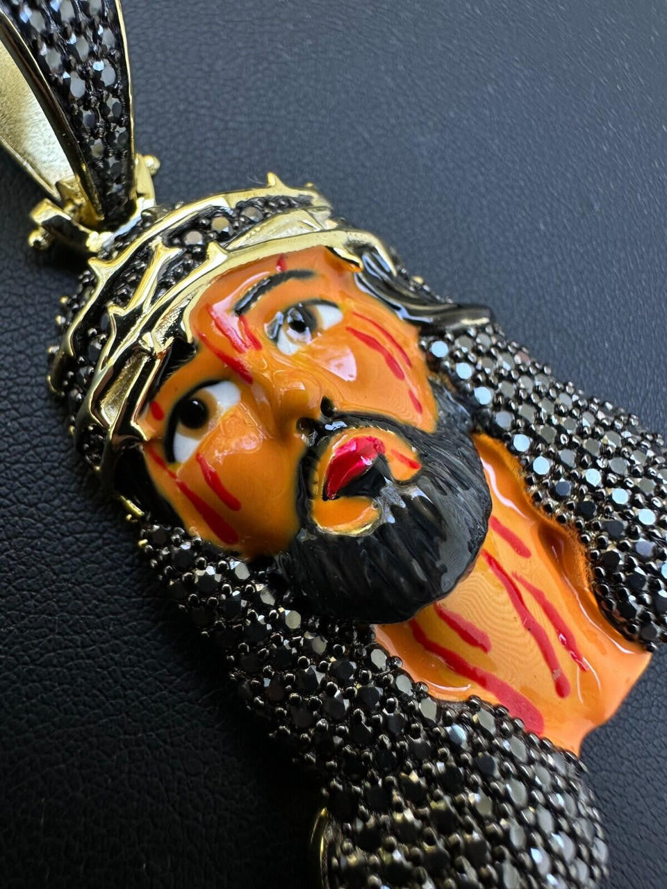 Black MOISSANITE Enamel Jesus Pendant - 14k Gold Vermeil Or 925 Silver - Large 2.5"