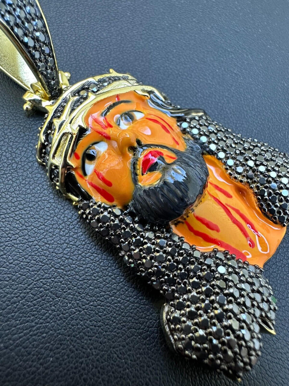 Black MOISSANITE Enamel Jesus Pendant - 14k Gold Vermeil Or 925 Silver - Large 2.5"