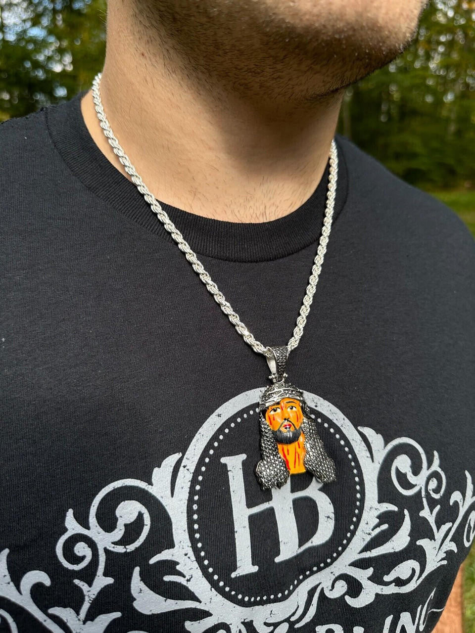 Black MOISSANITE Enamel Jesus Pendant - 14k Gold Vermeil Or 925 Silver - Large 2.5"