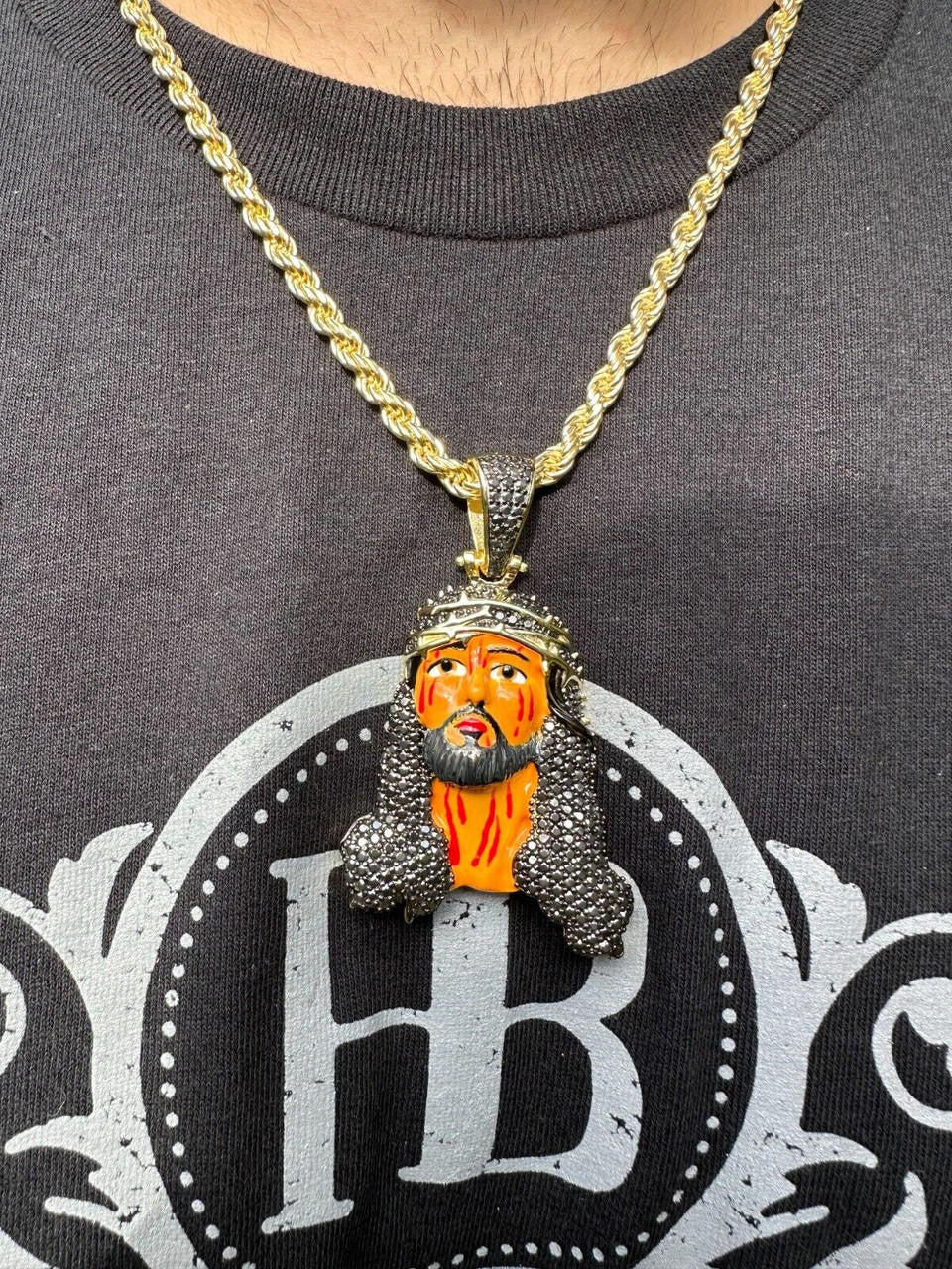 Black MOISSANITE Enamel Jesus Pendant - 14k Gold Vermeil Or 925 Silver - Large 2.5"