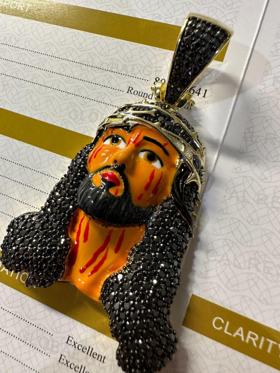 Black MOISSANITE Enamel Jesus Pendant - 14k Gold Vermeil Or 925 Silver - Large 2.5"