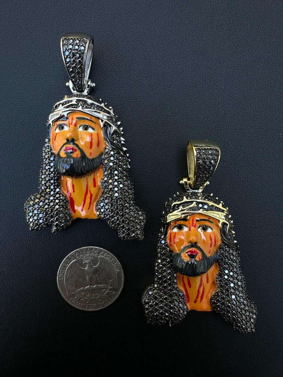Black MOISSANITE Enamel Jesus Pendant - 14k Gold Vermeil Or 925 Silver - Large 2.5"