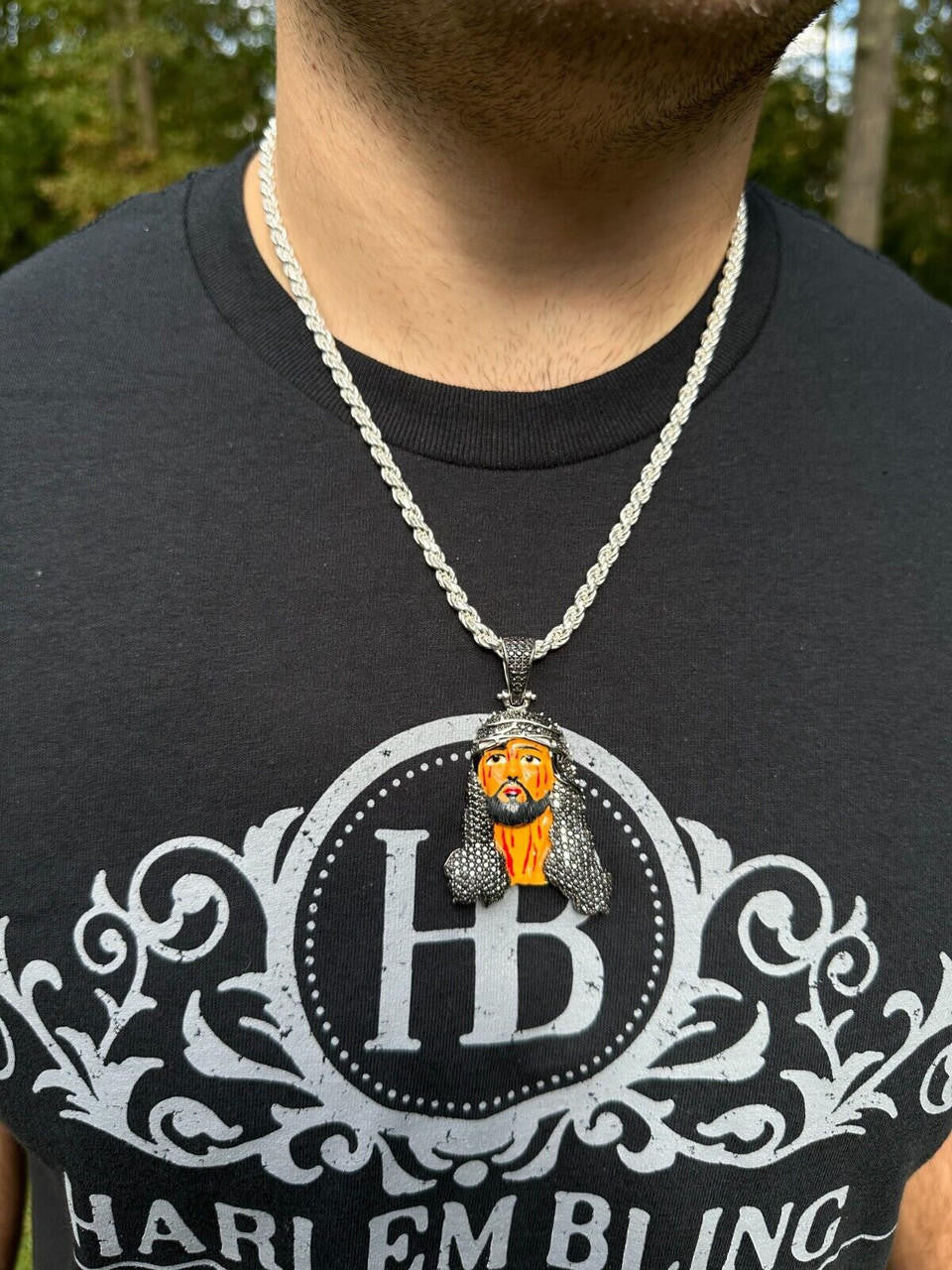 Black MOISSANITE Enamel Jesus Pendant - 14k Gold Vermeil Or 925 Silver - Large 2.5"