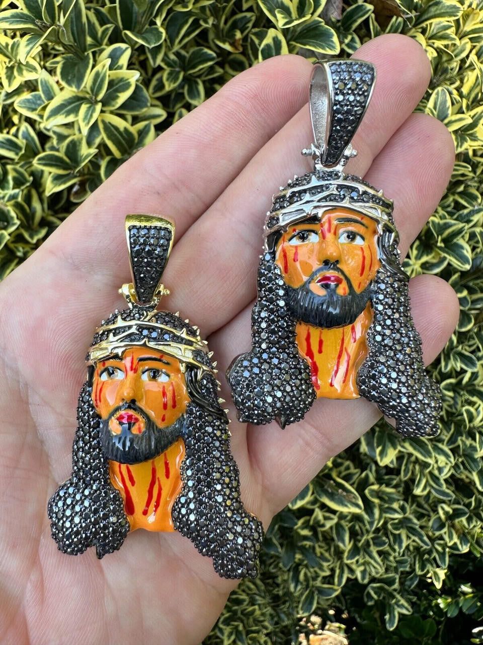 Black MOISSANITE Enamel Jesus Pendant - 14k Gold Vermeil Or 925 Silver - Large 2.5"