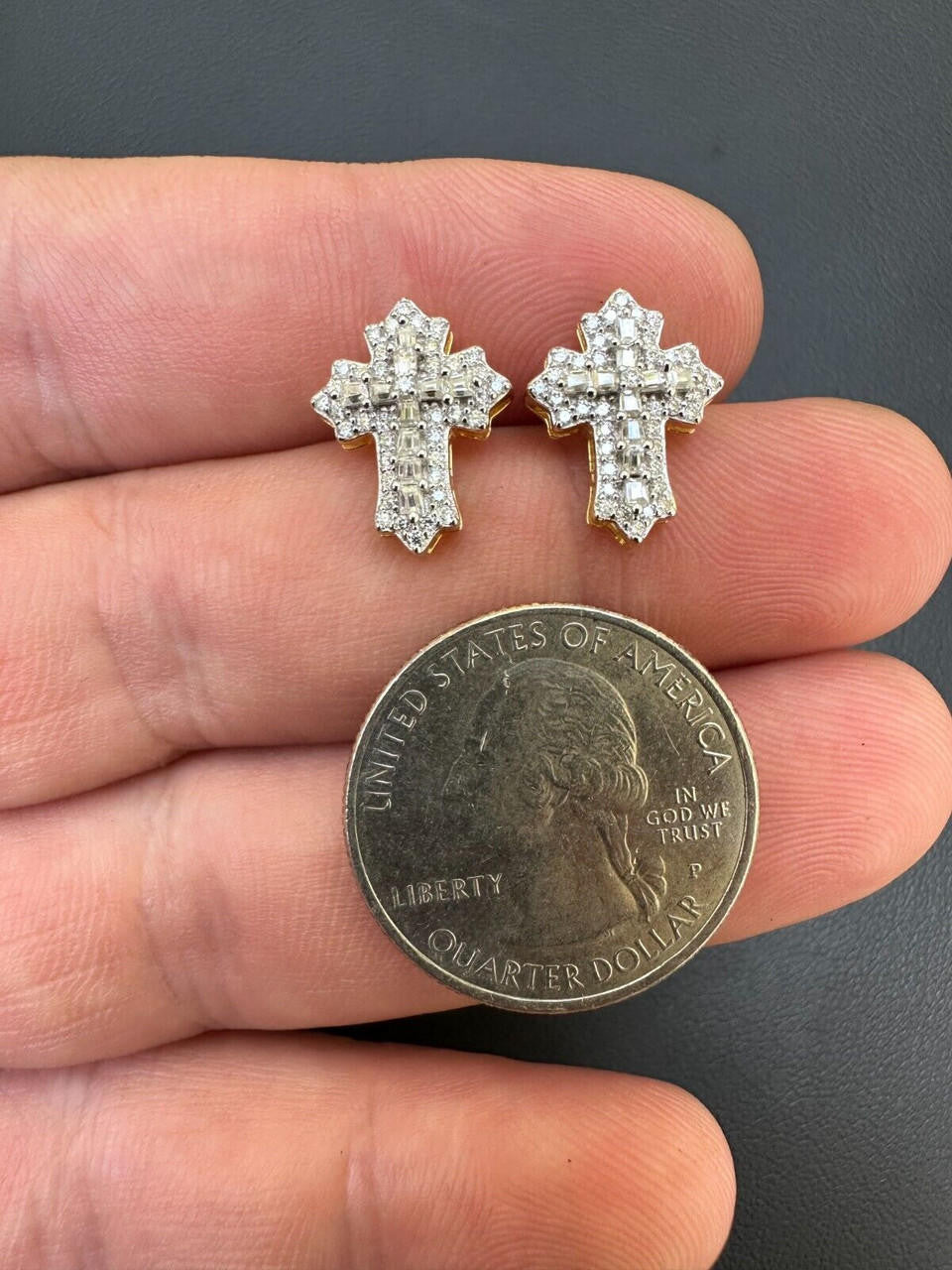 Baguette Gothic Cross Iced Out Earrings - 14k Gold Vermeil 925 Silver - CZ Stones - 11x15mm