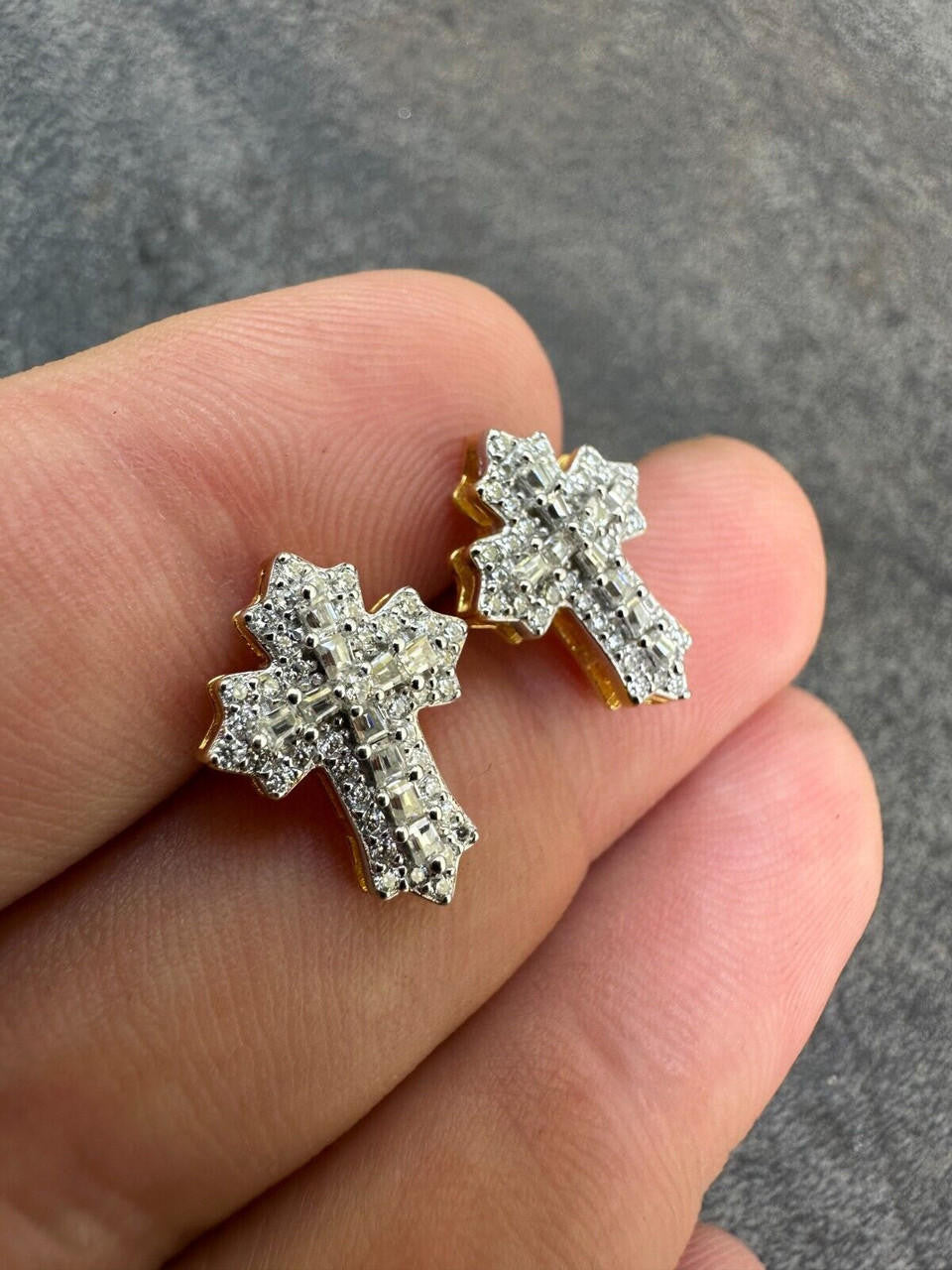 Baguette Gothic Cross Iced Out Earrings - 14k Gold Vermeil 925 Silver - CZ Stones - 11x15mm