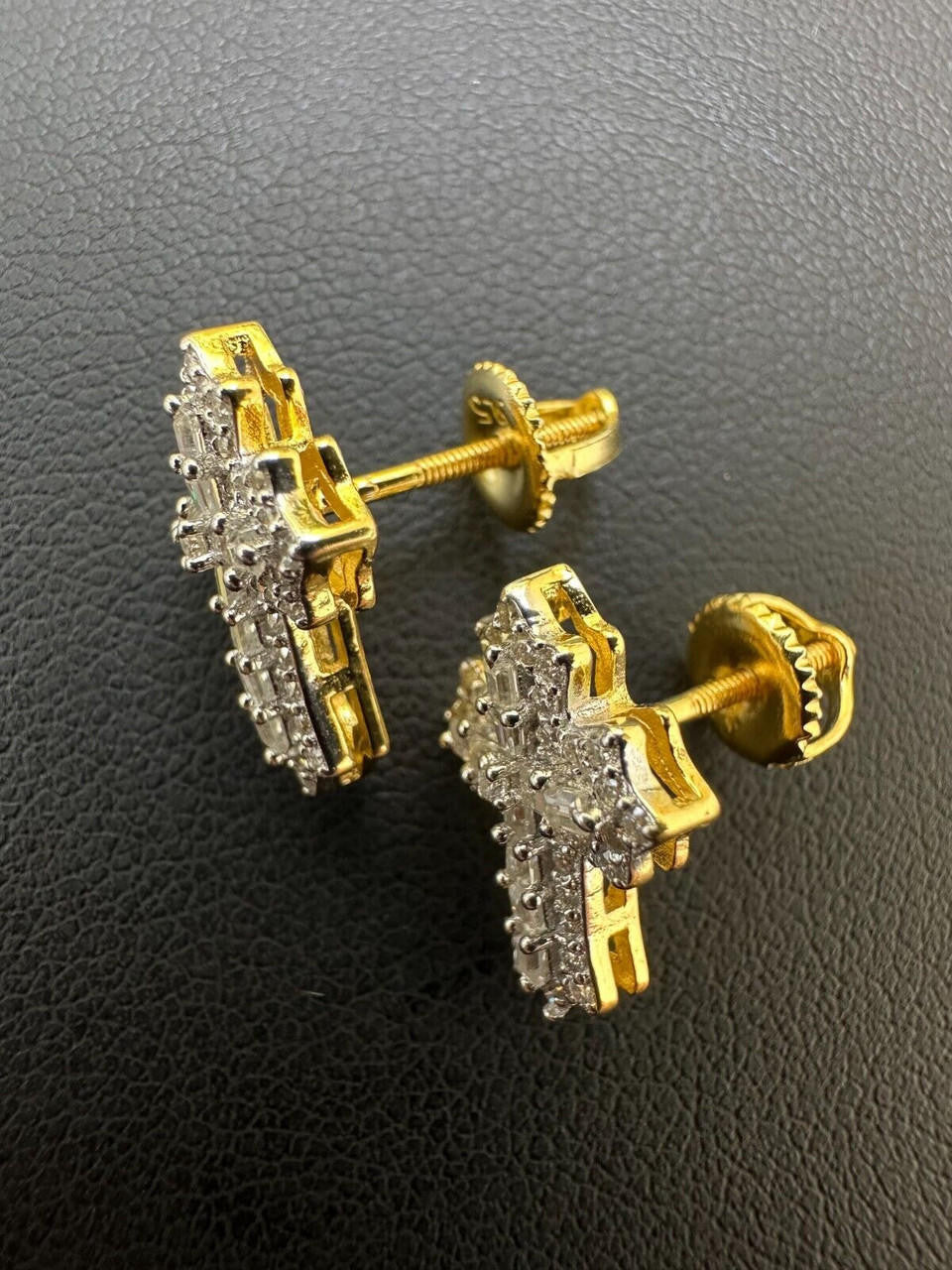 Baguette Gothic Cross Iced Out Earrings - 14k Gold Vermeil 925 Silver - CZ Stones - 11x15mm