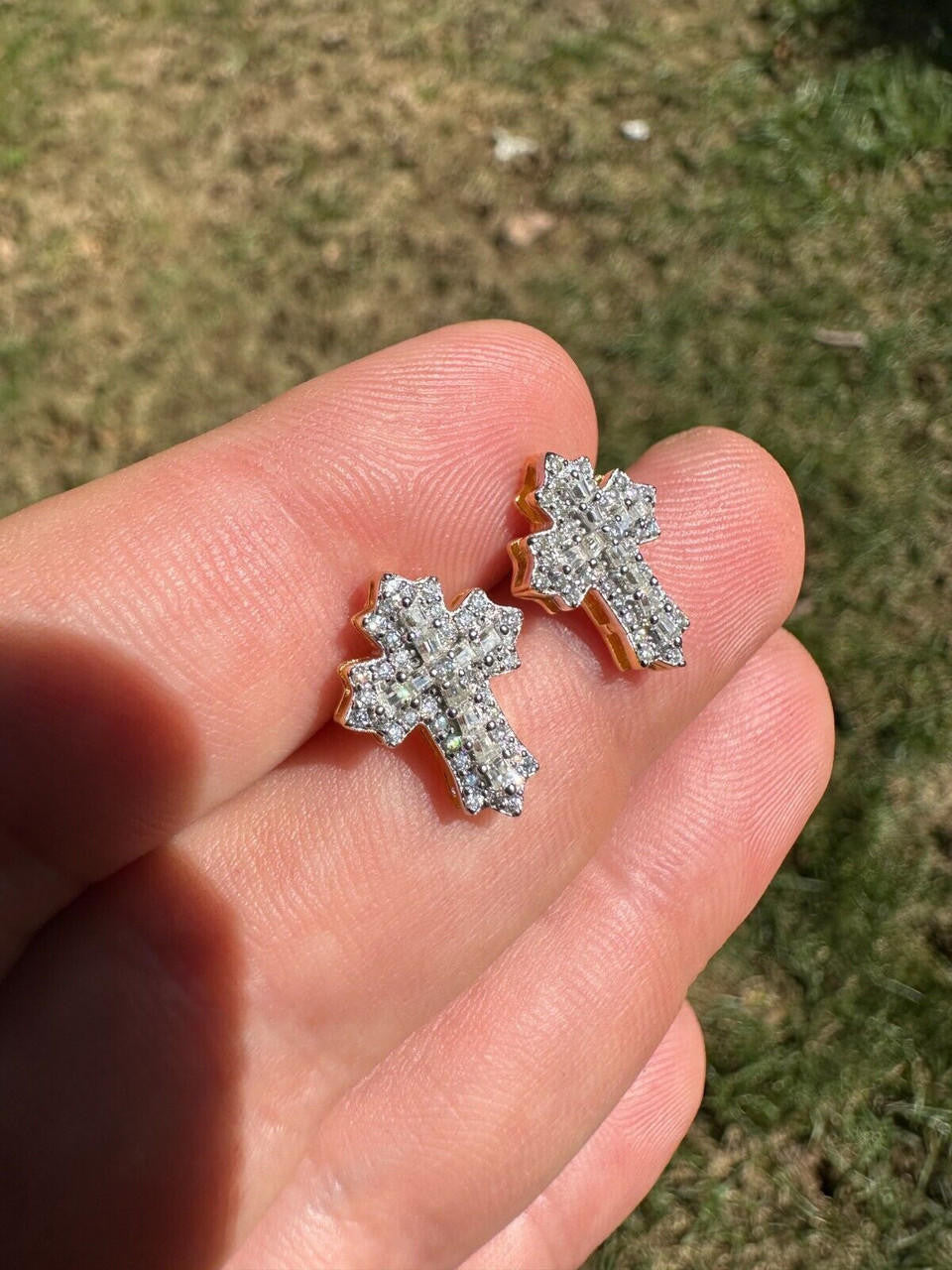 Baguette Gothic Cross Iced Out Earrings - 14k Gold Vermeil 925 Silver - CZ Stones - 11x15mm