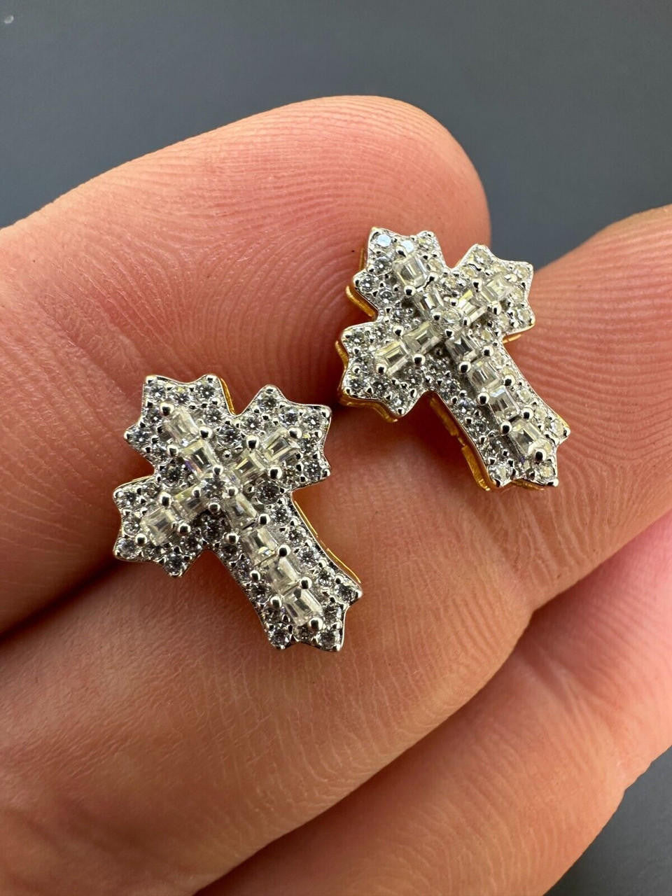Baguette Gothic Cross Iced Out Earrings - 14k Gold Vermeil 925 Silver - CZ Stones - 11x15mm