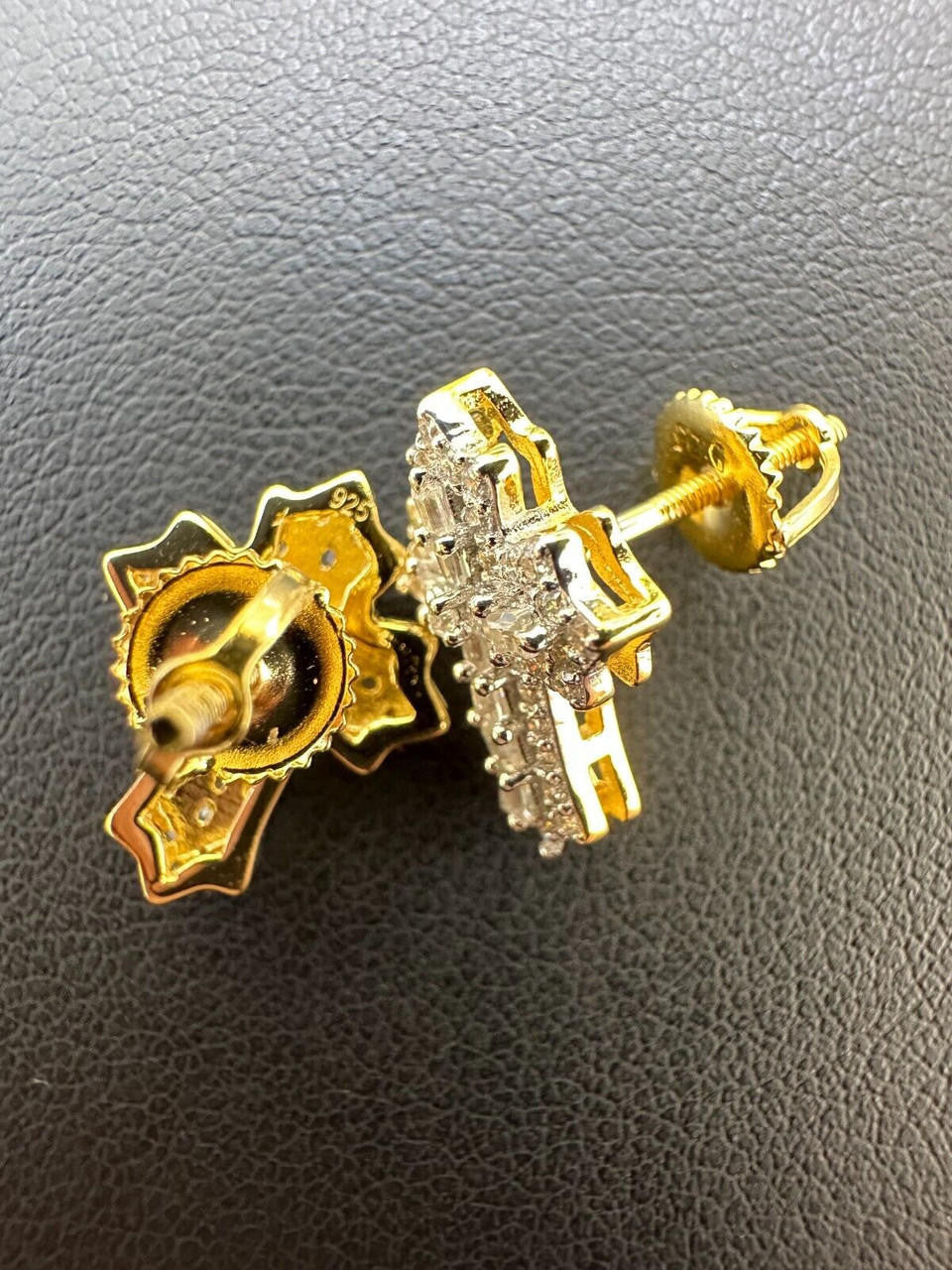 Baguette Gothic Cross Iced Out Earrings - 14k Gold Vermeil 925 Silver - CZ Stones - 11x15mm