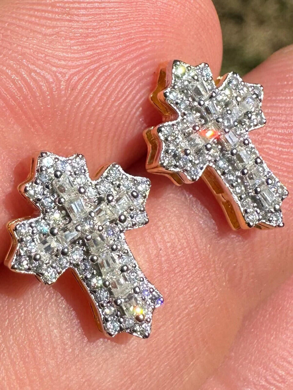 Baguette Gothic Cross Iced Out Earrings - 14k Gold Vermeil 925 Silver - CZ Stones - 11x15mm