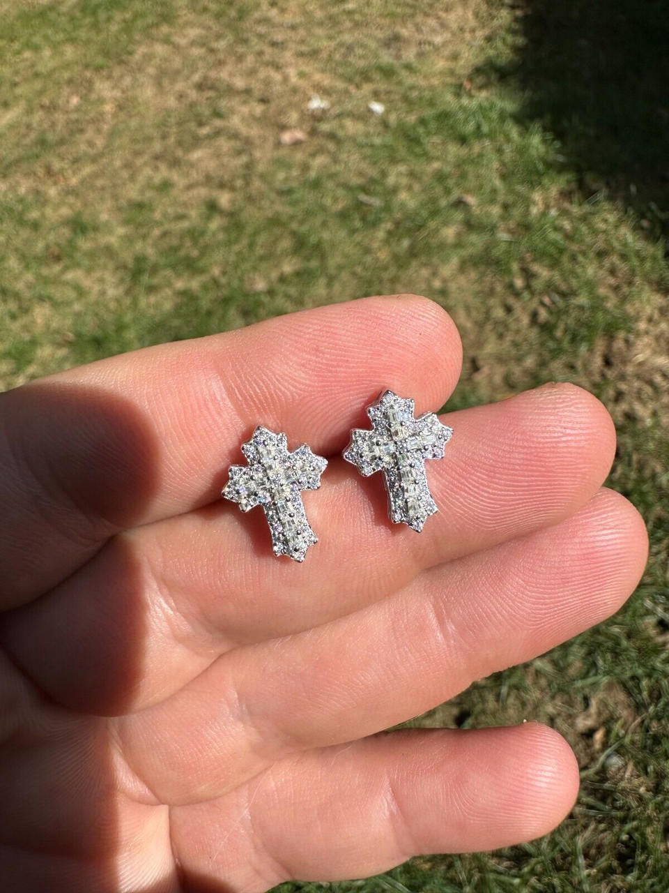MOISSANITE Baguette Gothic Cross Iced Out Earrings - 925 Silver - 11x15mm