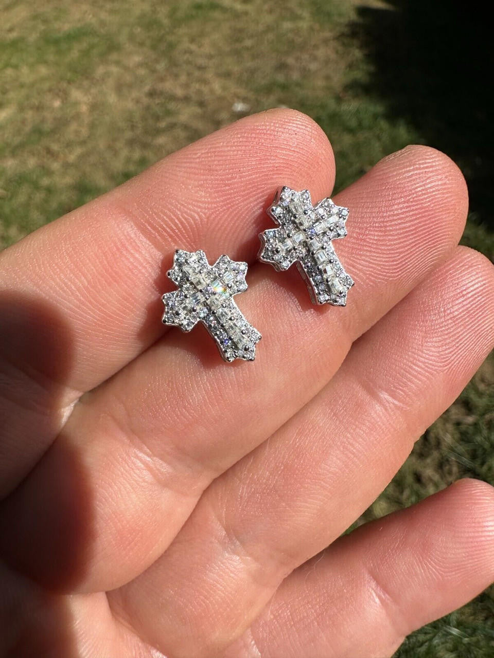 MOISSANITE Baguette Gothic Cross Iced Out Earrings - 925 Silver - 11x15mm