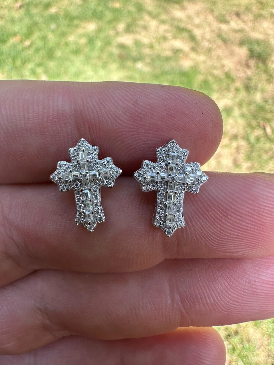 Baguette Gothic Cross Iced Out Earrings - 925 Silver - CZ Stones - 11x15mm
