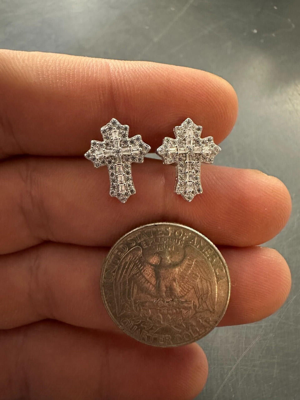 Baguette Gothic Cross Iced Out Earrings - 925 Silver - CZ Stones - 11x15mm