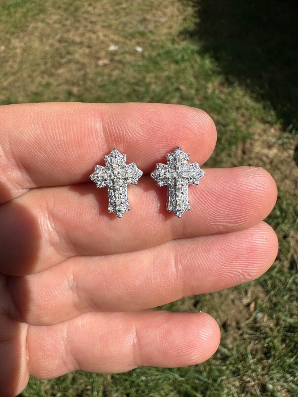 Baguette Gothic Cross Iced Out Earrings - 925 Silver - CZ Stones - 11x15mm