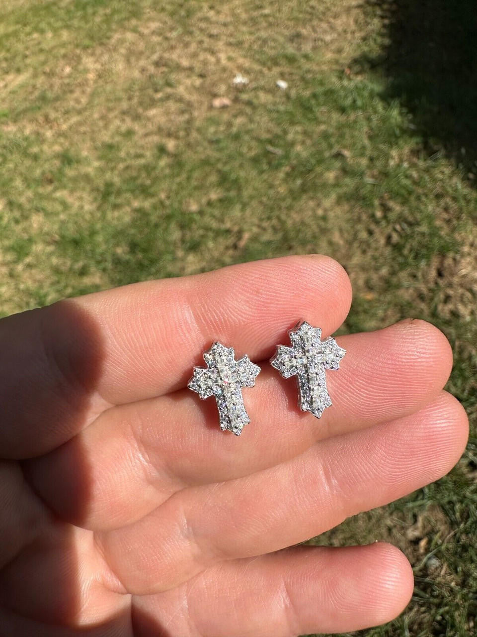 Baguette Gothic Cross Iced Out Earrings - 925 Silver - CZ Stones - 11x15mm