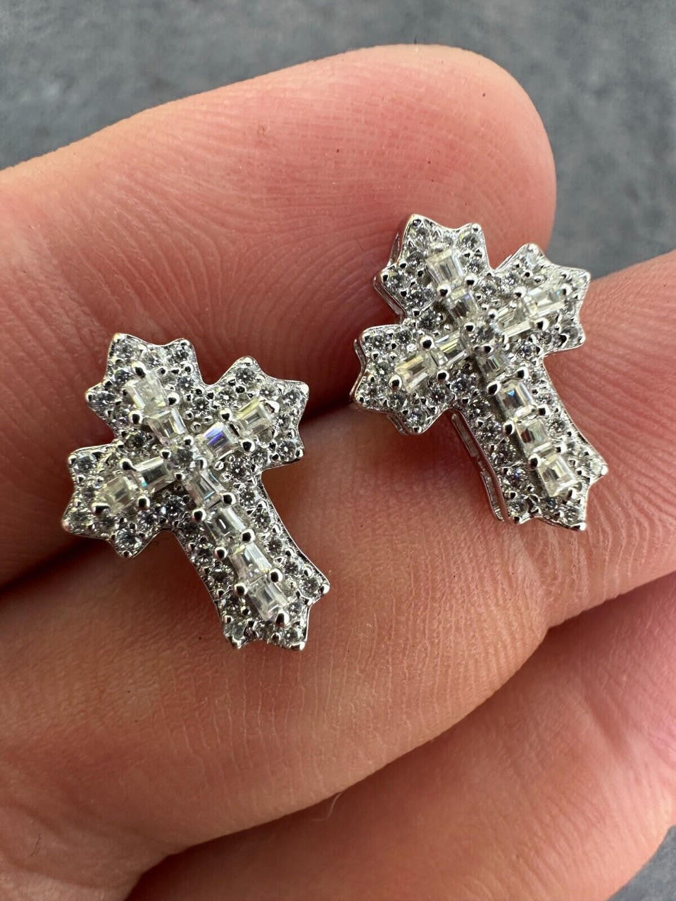 Baguette Gothic Cross Iced Out Earrings - 925 Silver - CZ Stones - 11x15mm