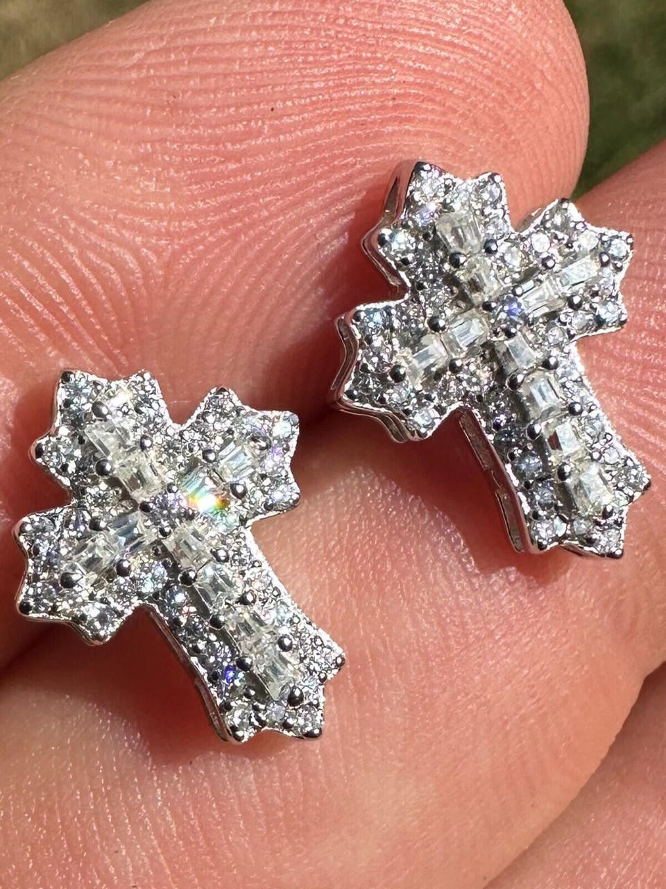 Baguette Gothic Cross Iced Out Earrings - 925 Silver - CZ Stones - 11x15mm