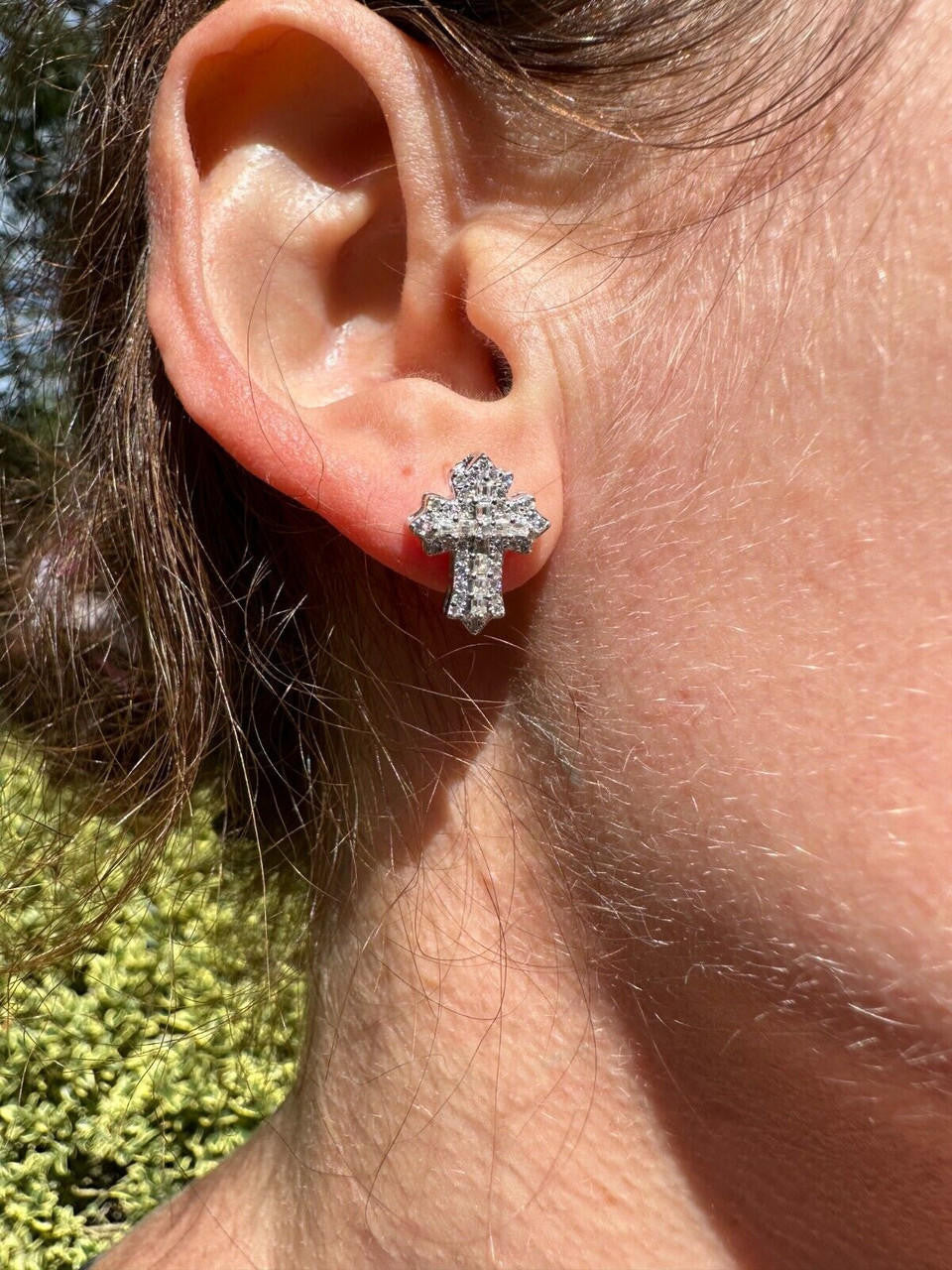 Baguette Gothic Cross Iced Out Earrings - 925 Silver - CZ Stones - 11x15mm