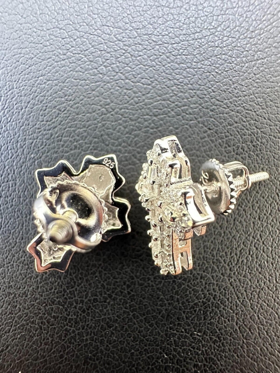 Baguette Gothic Cross Iced Out Earrings - 925 Silver - CZ Stones - 11x15mm