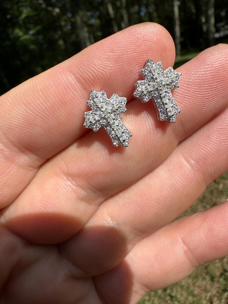 Baguette Gothic Cross Iced Out Earrings - 925 Silver - CZ Stones - 11x15mm