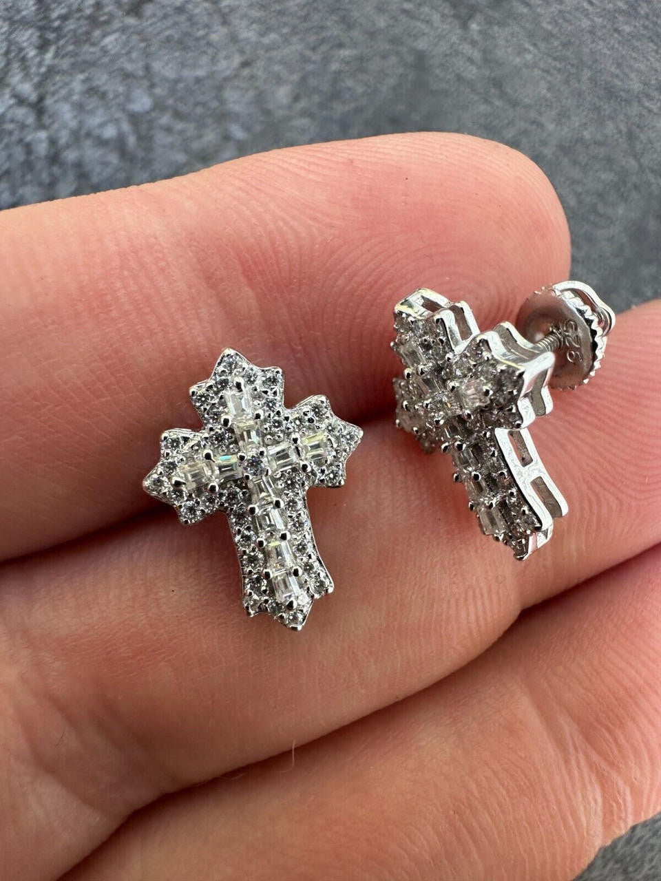Baguette Gothic Cross Iced Out Earrings - 925 Silver - CZ Stones - 11x15mm