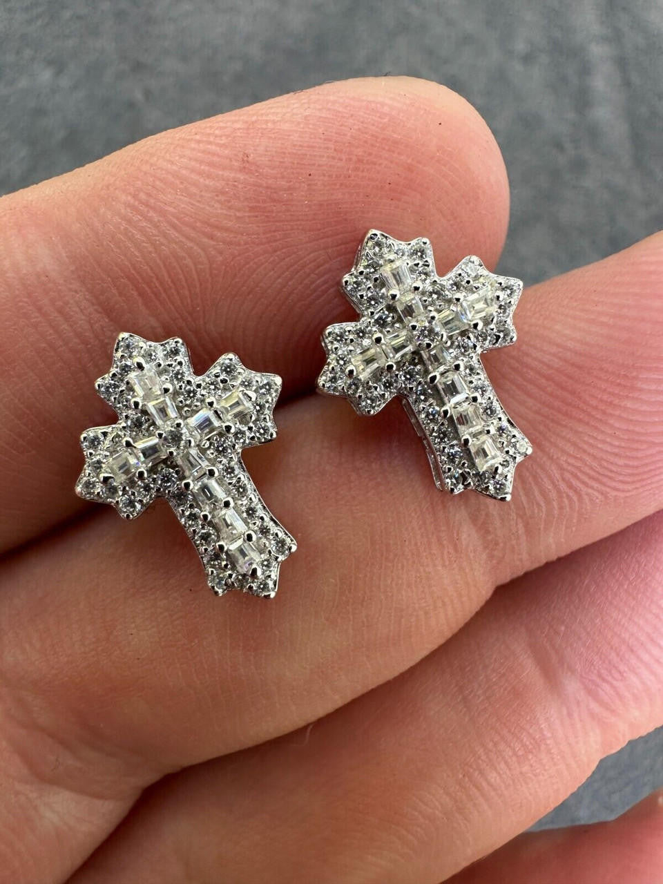 Baguette Gothic Cross Iced Out Earrings - 925 Silver - CZ Stones - 11x15mm