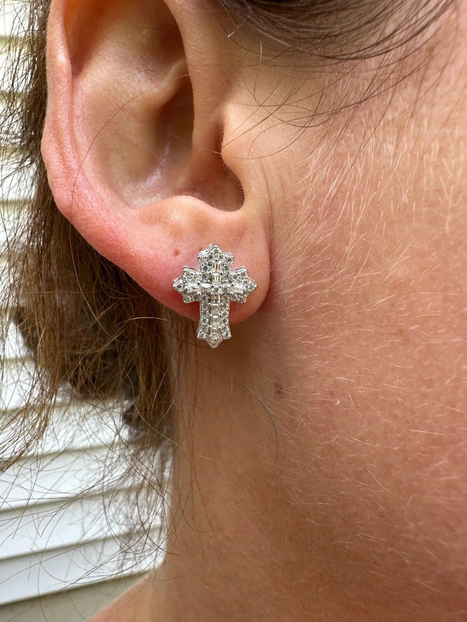 Baguette Gothic Cross Iced Out Earrings - 925 Silver - CZ Stones - 11x15mm