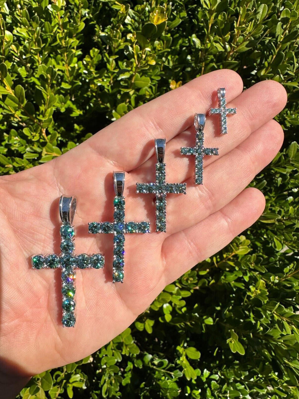 Green Blue MOISSANITE Tennis Cross - 925 Silver - 5 Sizes 0.75"-2.25"