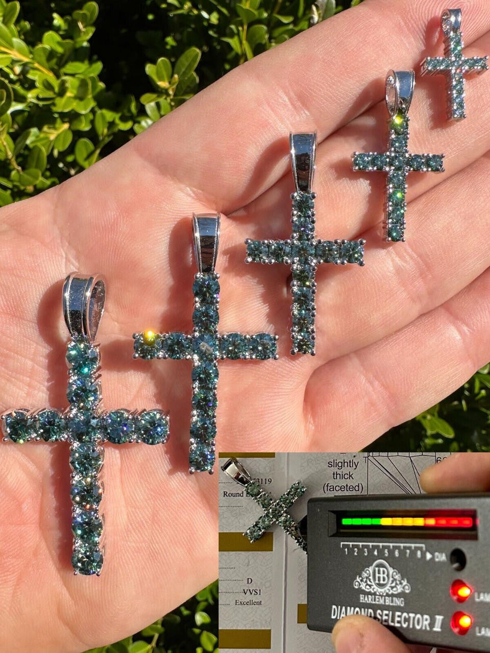 Green Blue MOISSANITE Tennis Cross - 925 Silver - 5 Sizes 0.75"-2.25"