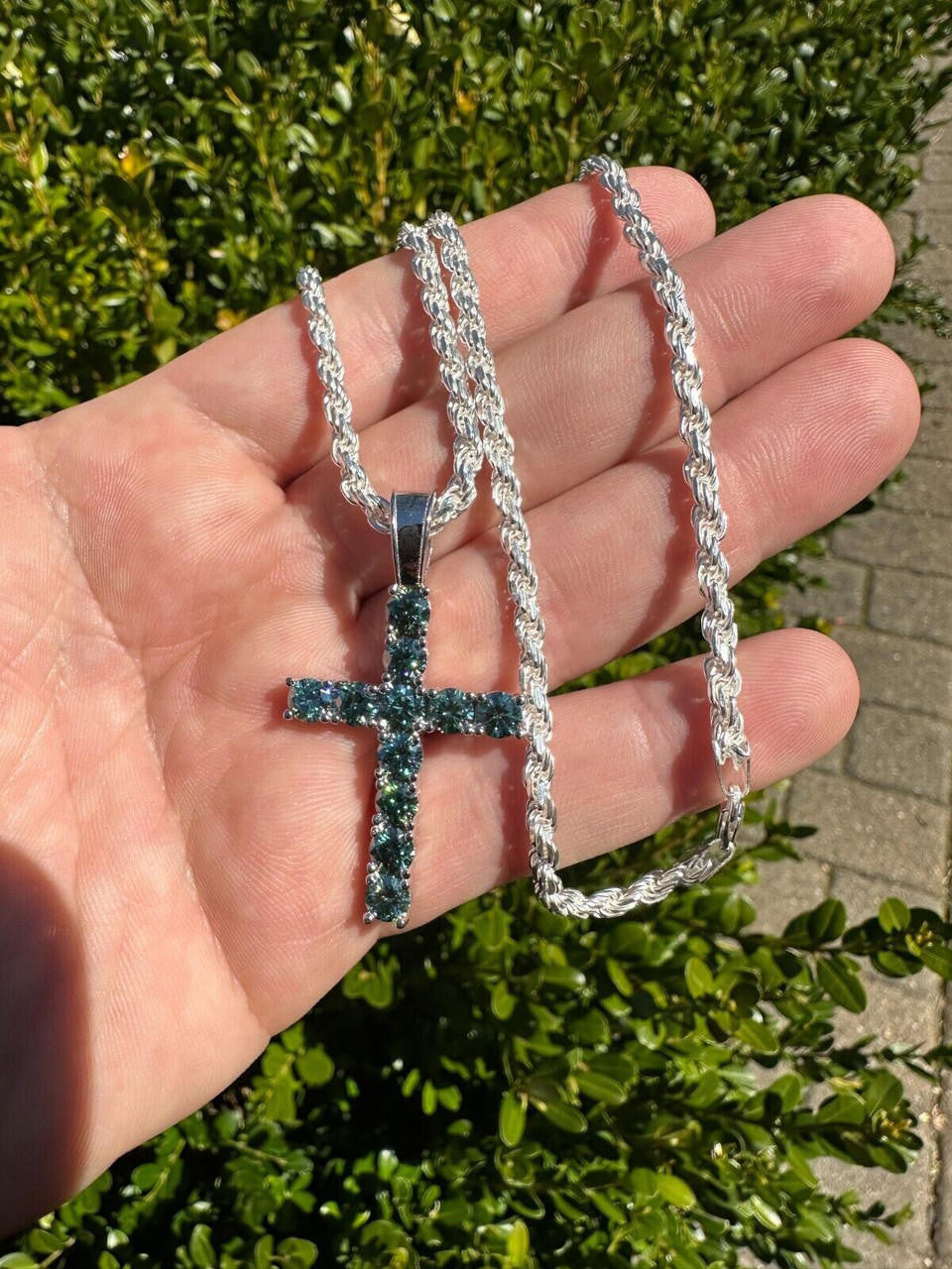 Green Blue MOISSANITE Tennis Cross - 925 Silver - 5 Sizes 0.75"-2.25"