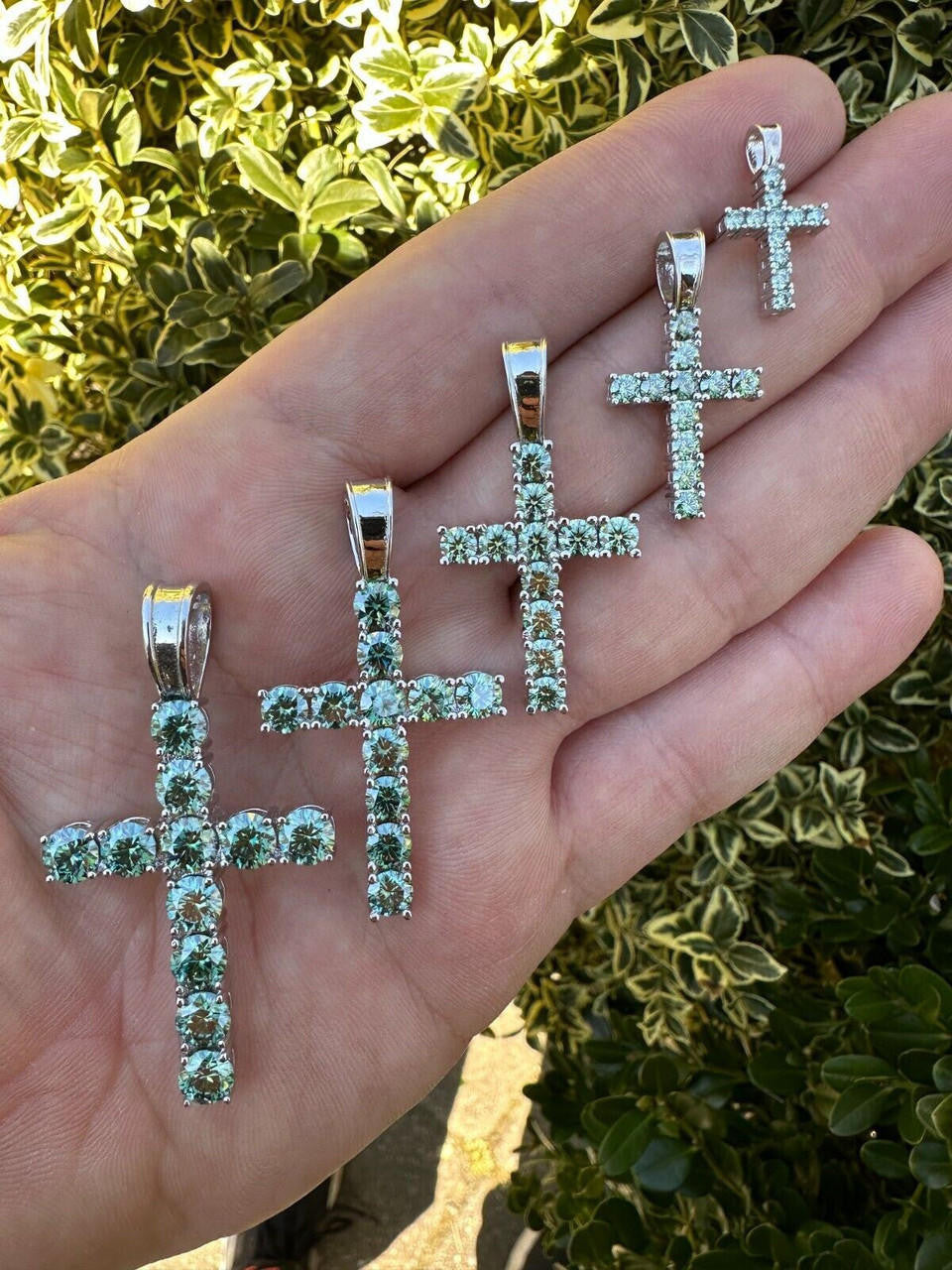 Green Blue MOISSANITE Tennis Cross - 925 Silver - 5 Sizes 0.75"-2.25"
