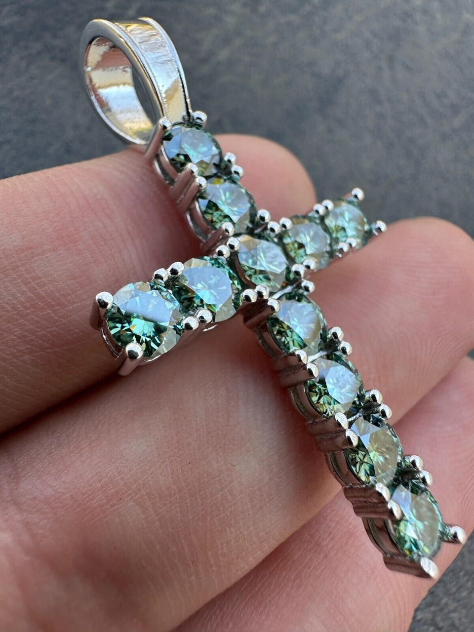 Green Blue MOISSANITE Tennis Cross - 925 Silver - 5 Sizes 0.75"-2.25"