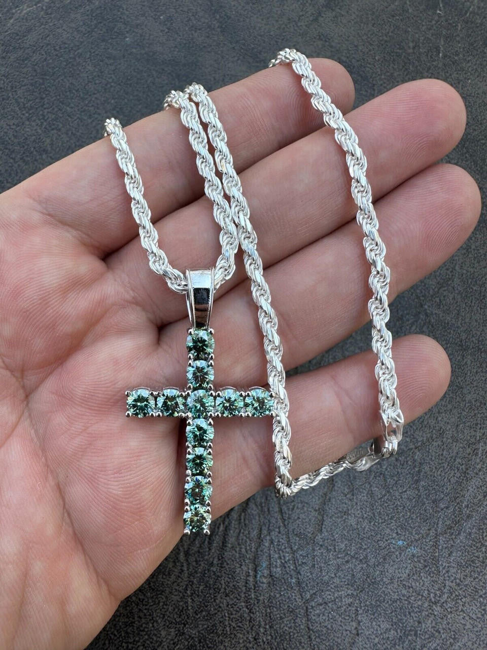 Green Blue MOISSANITE Tennis Cross - 925 Silver - 5 Sizes 0.75"-2.25"