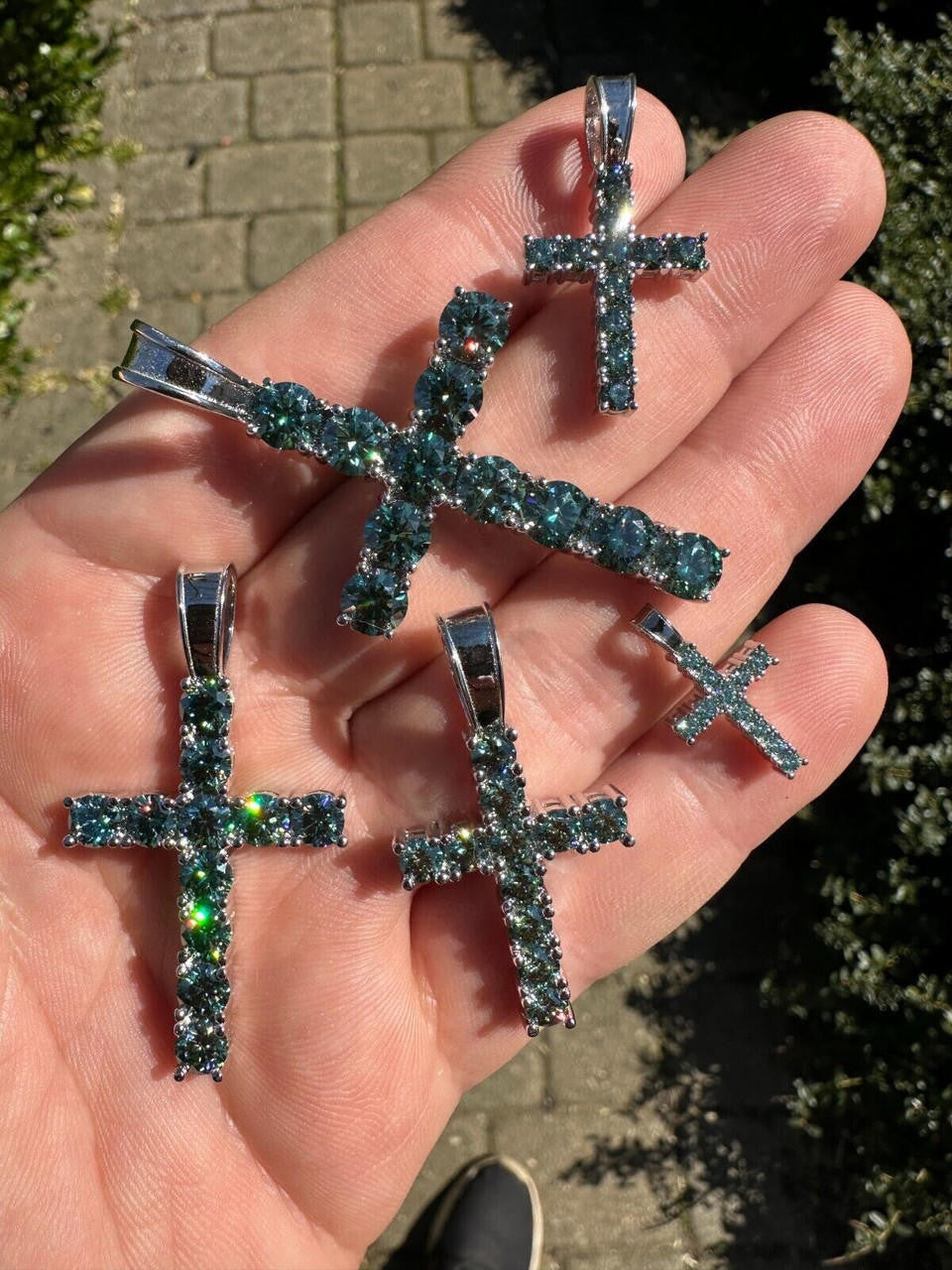 Green Blue MOISSANITE Tennis Cross - 925 Silver - 5 Sizes 0.75"-2.25"