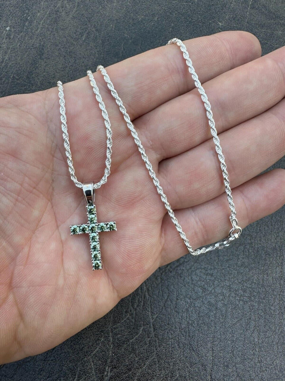 Green Blue MOISSANITE Tennis Cross - 925 Silver - 5 Sizes 0.75"-2.25"