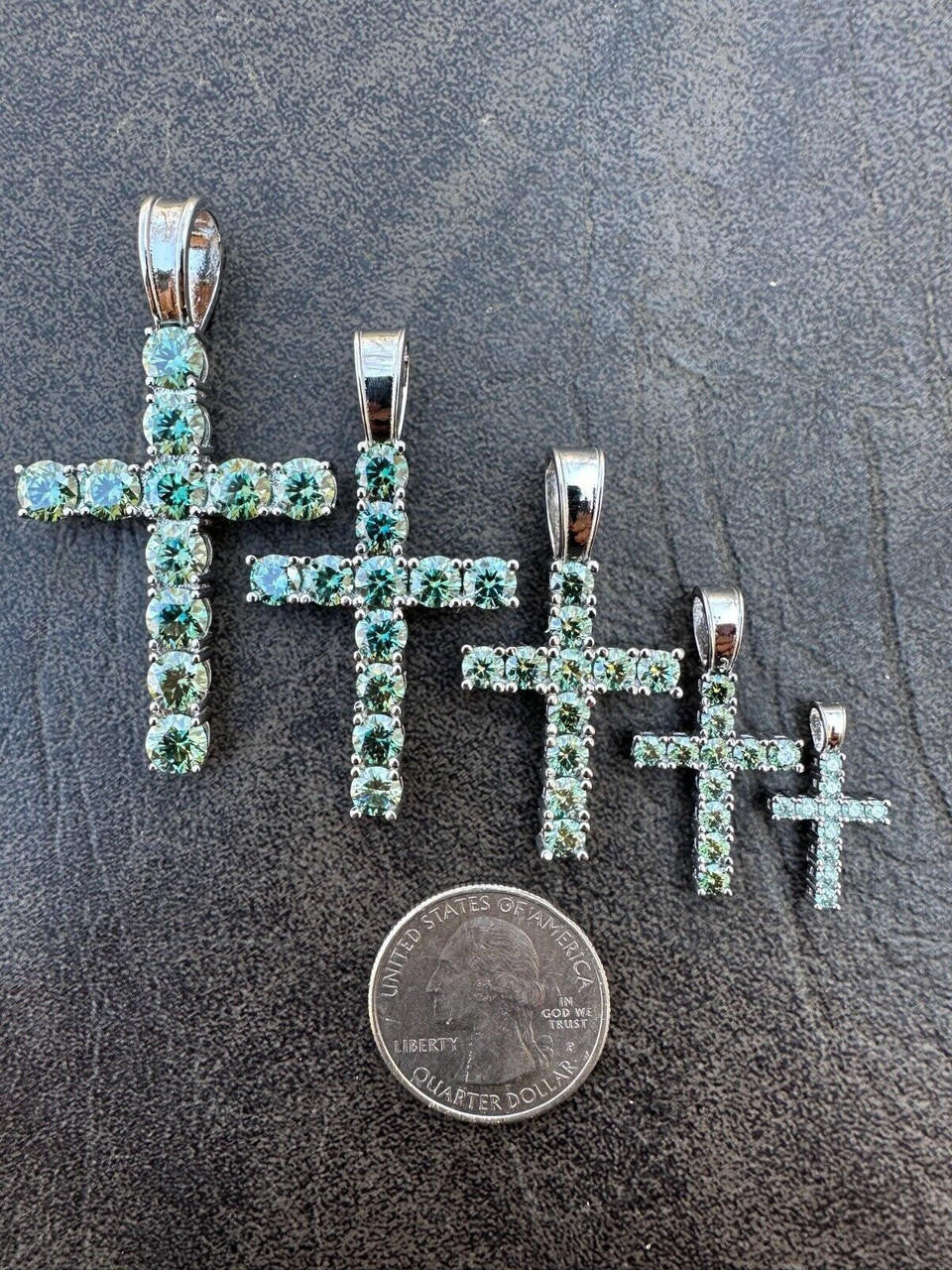 Green Blue MOISSANITE Tennis Cross - 925 Silver - 5 Sizes 0.75"-2.25"