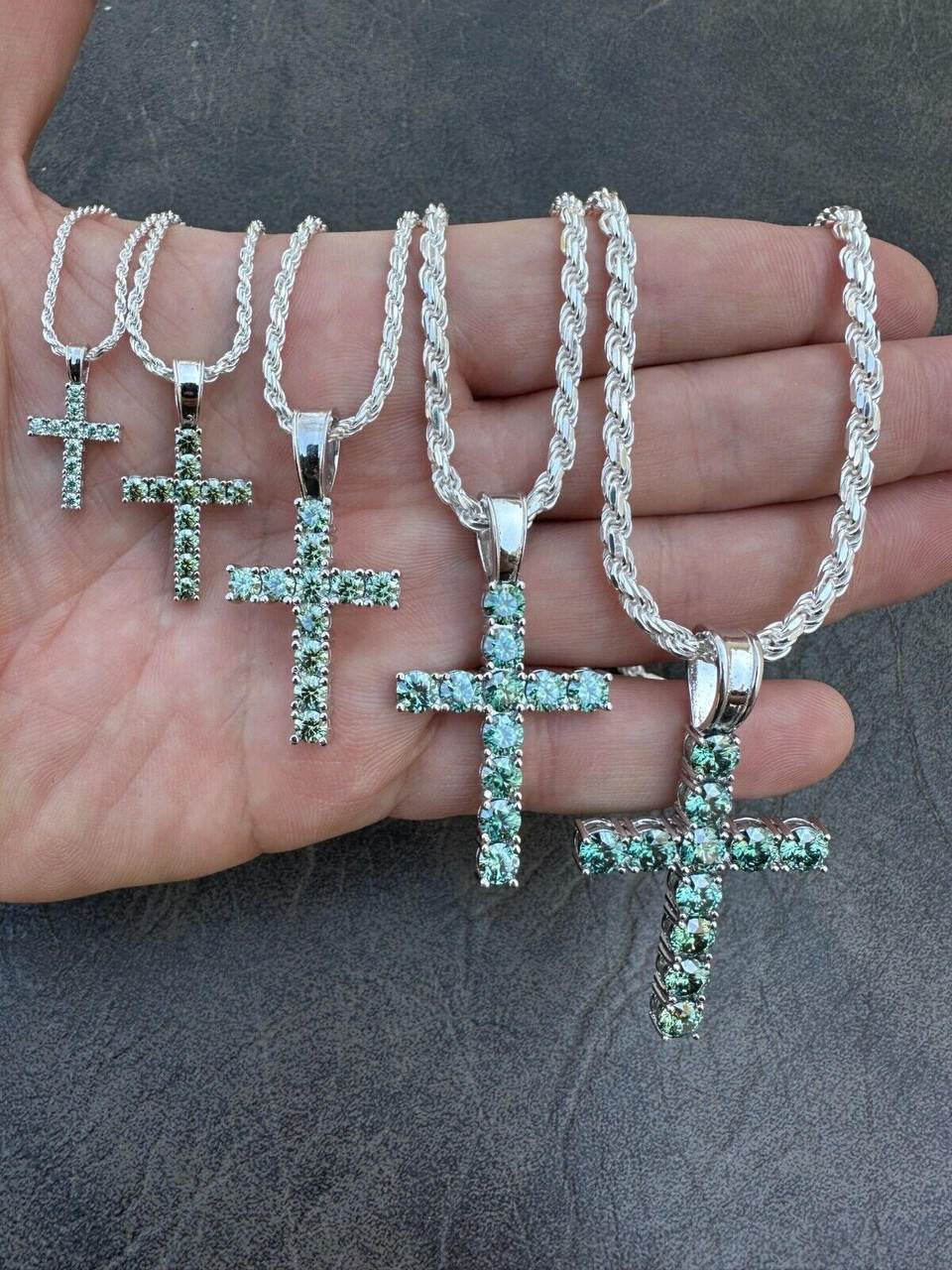 Green Blue MOISSANITE Tennis Cross - 925 Silver - 5 Sizes 0.75"-2.25"