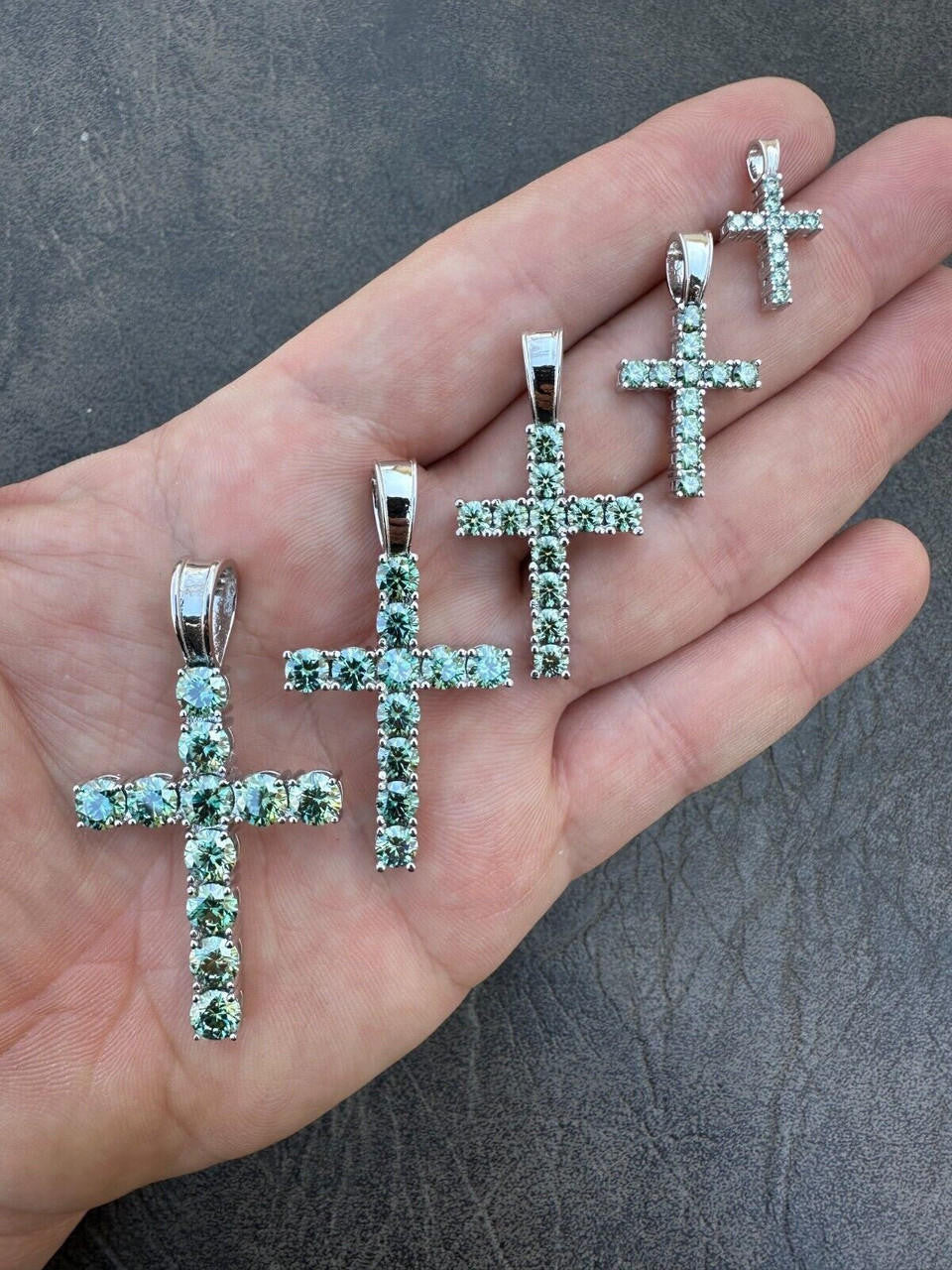Green Blue MOISSANITE Tennis Cross - 925 Silver - 5 Sizes 0.75"-2.25"