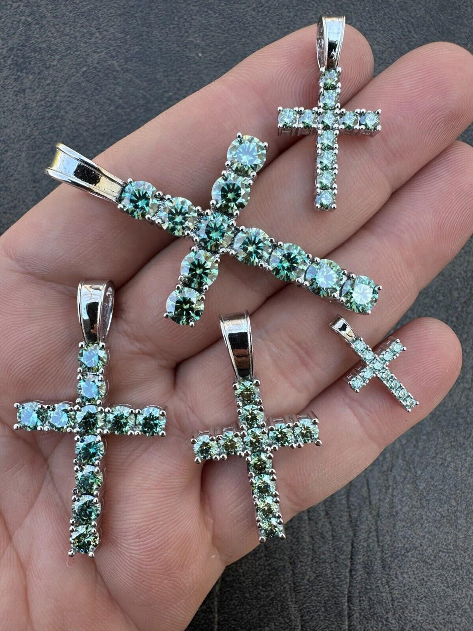 Green Blue MOISSANITE Tennis Cross - 925 Silver - 5 Sizes 0.75"-2.25"