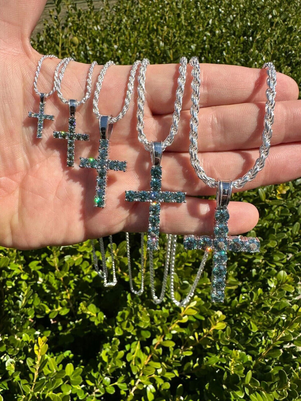 Green Blue MOISSANITE Tennis Cross - 925 Silver - 5 Sizes 0.75"-2.25"
