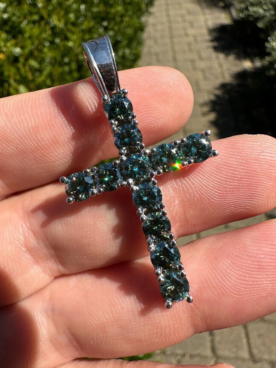 Green Blue MOISSANITE Tennis Cross - 925 Silver - 5 Sizes 0.75"-2.25"