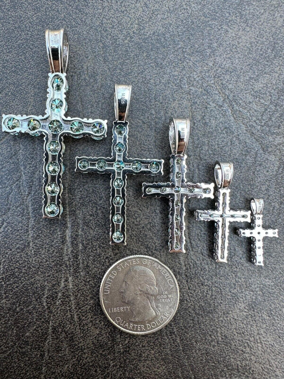 Green Blue MOISSANITE Tennis Cross - 925 Silver - 5 Sizes 0.75"-2.25"