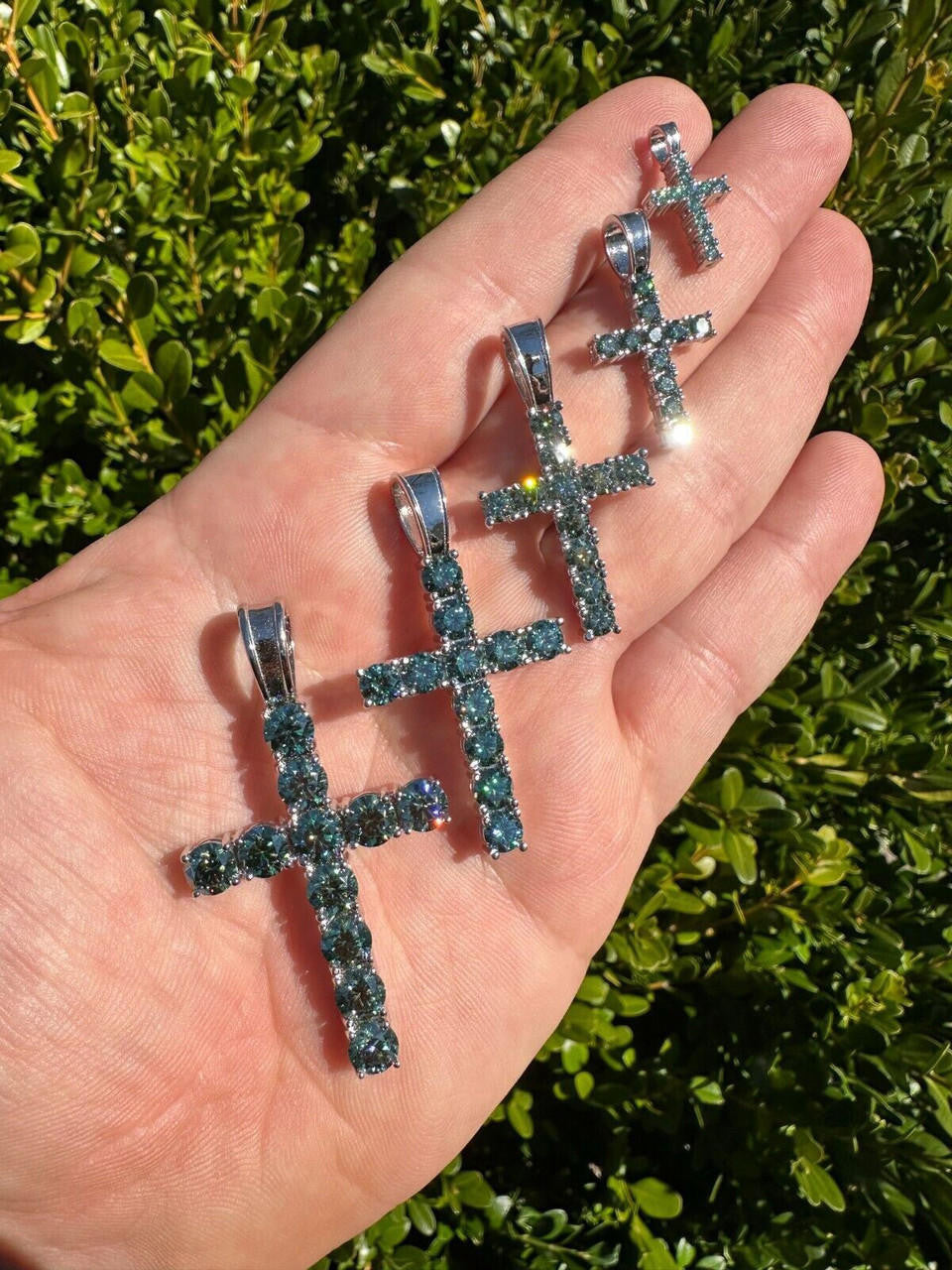 Green Blue MOISSANITE Tennis Cross - 925 Silver - 5 Sizes 0.75"-2.25"