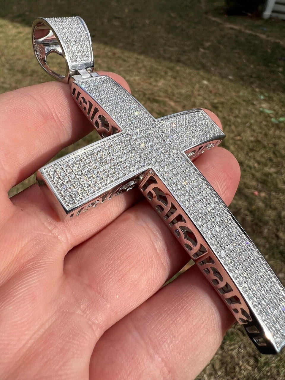 6.65ct Real DIAMOND Classic Iced Out Cross Pendant - 14k White Gold- Huge 4"