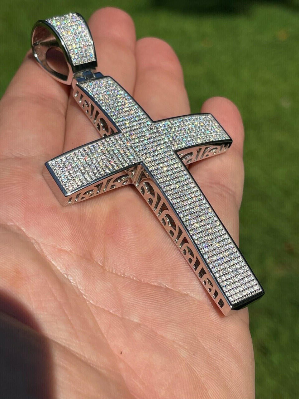 6.65ct Real DIAMOND Classic Iced Out Cross Pendant - 14k White Gold- Huge 4"