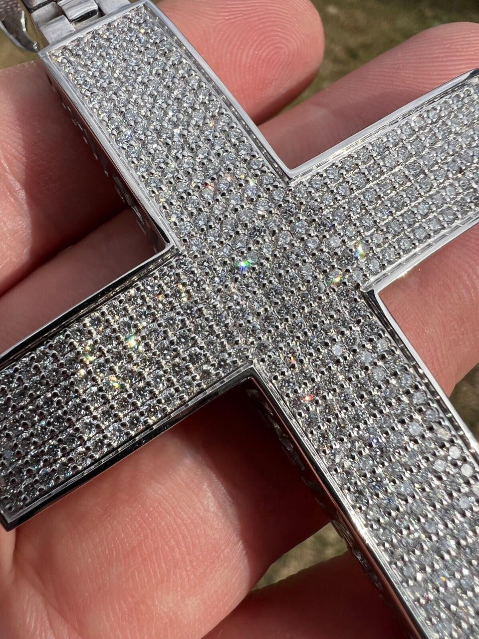 6.65ct Real DIAMOND Classic Iced Out Cross Pendant - 14k White Gold- Huge 4"