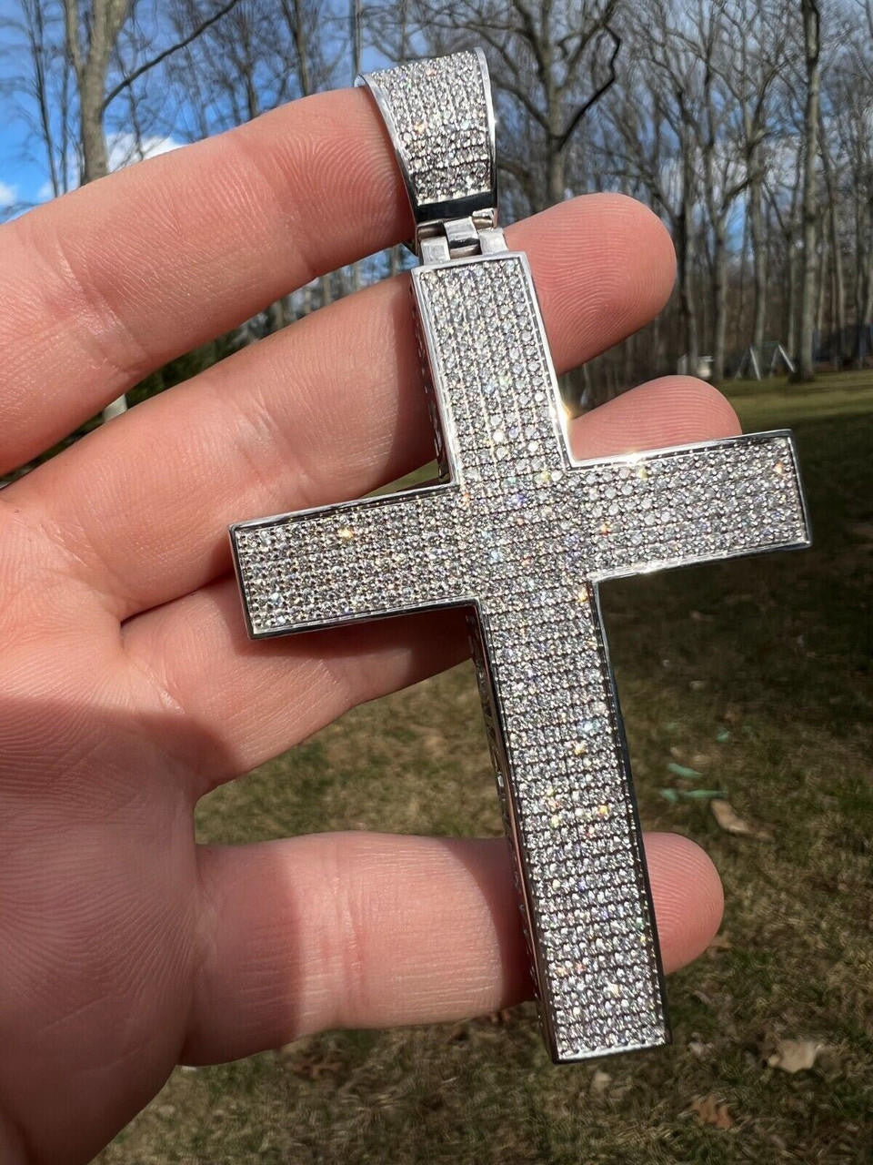 6.65ct Real DIAMOND Classic Iced Out Cross Pendant - 14k White Gold- Huge 4"