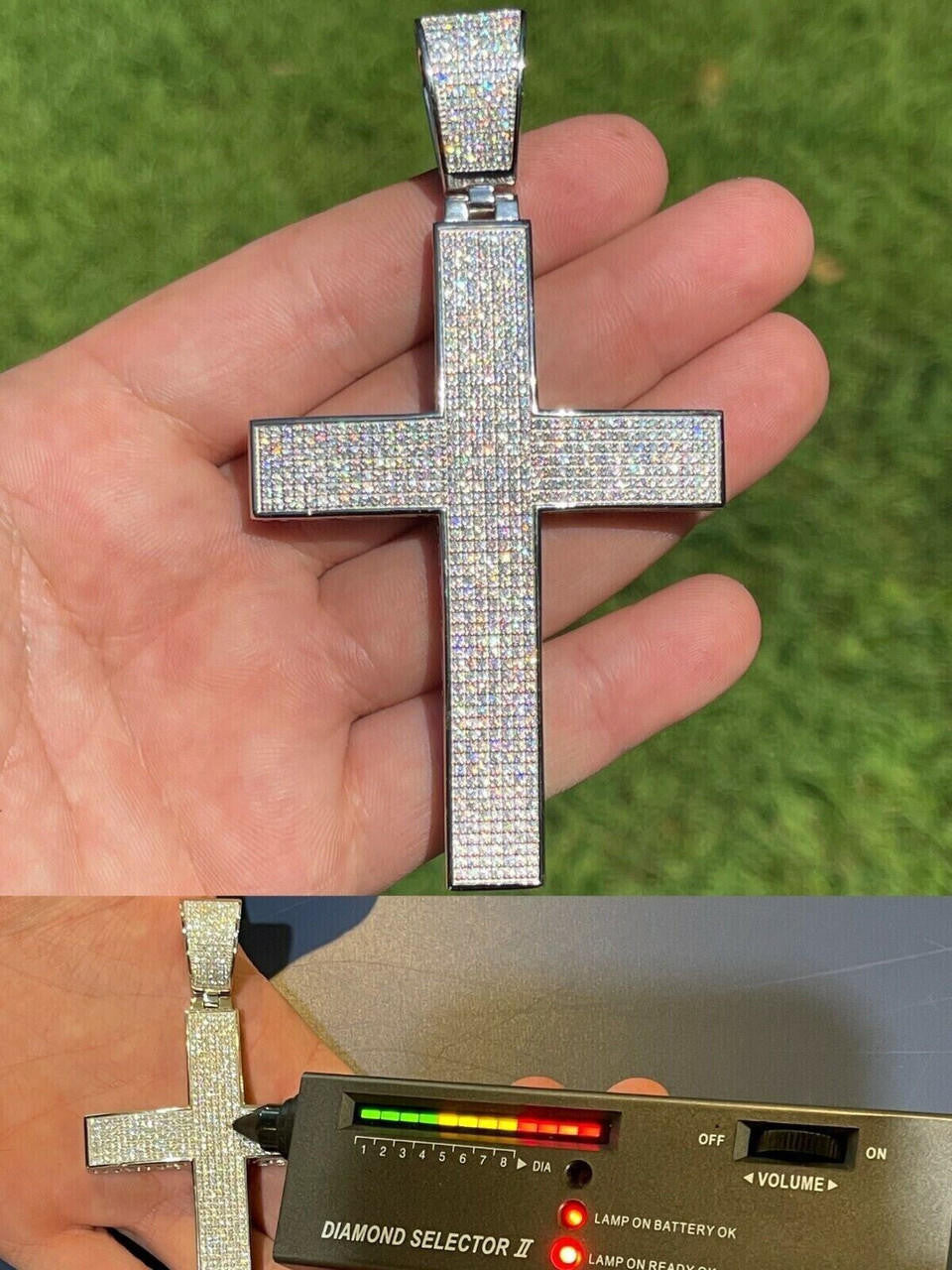 6.65ct Real DIAMOND Classic Iced Out Cross Pendant - 14k White Gold- Huge 4"